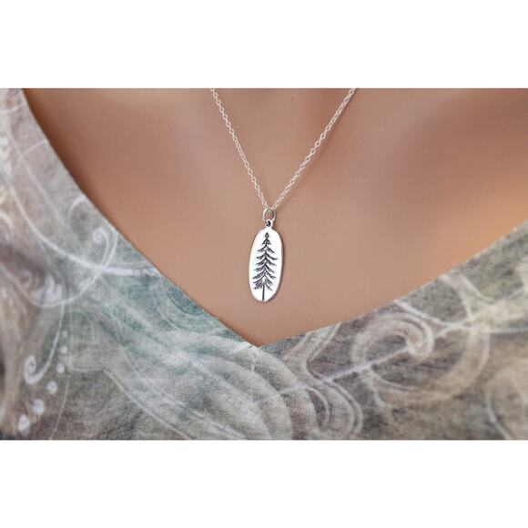 Sterling Silver Etched Pine Tree Charm Necklace, Pine Tree Charm Necklace - Picture 3 of 3